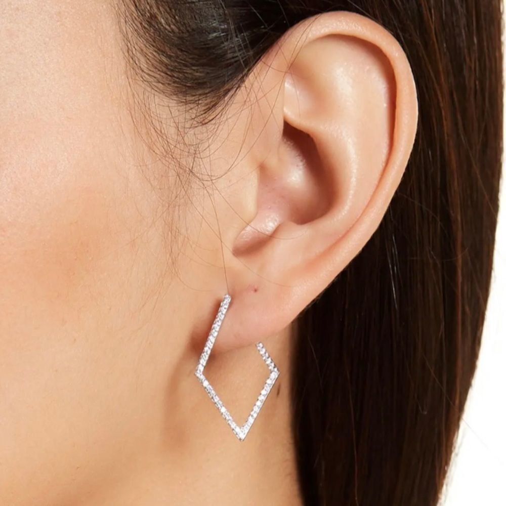 Adornia White Rhodium Plated Pave Swarovski Crystal 29mm Geometric Hoop Earrings